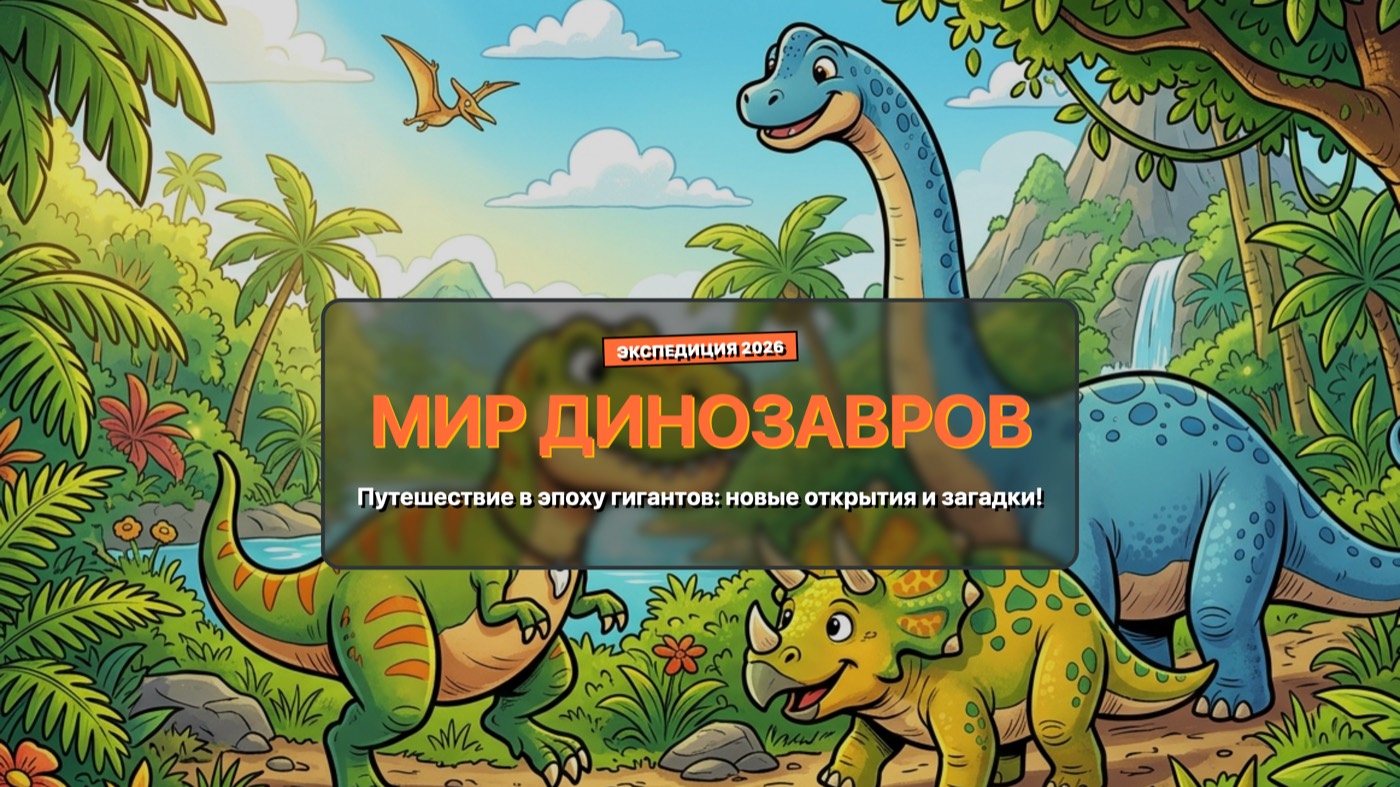 Слайд «Мир динозавров» из урока для школы